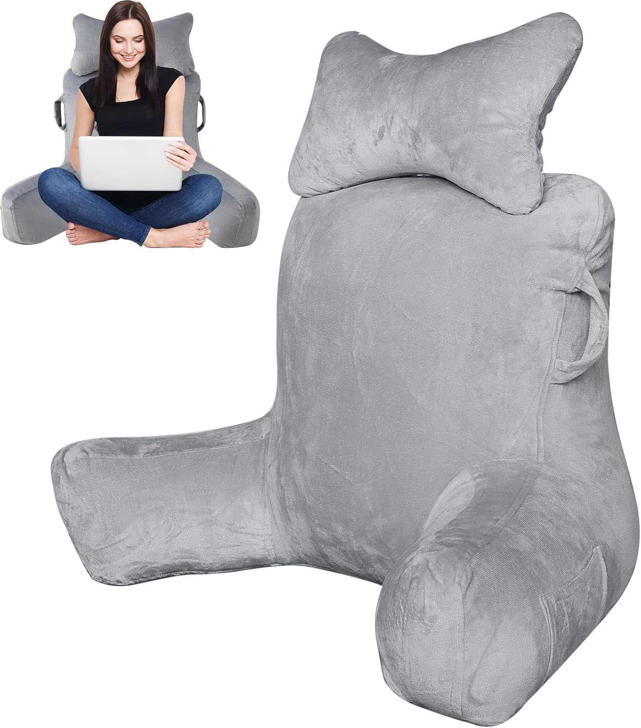 Oreiller de lecture pour adulte au lit, 90 x 80 cm (LxH) dossier extra large pour lire avec support de cou et bras de soutien amovibles, oreiller de lecture confortable pour lit, canapé ou dossier au sol