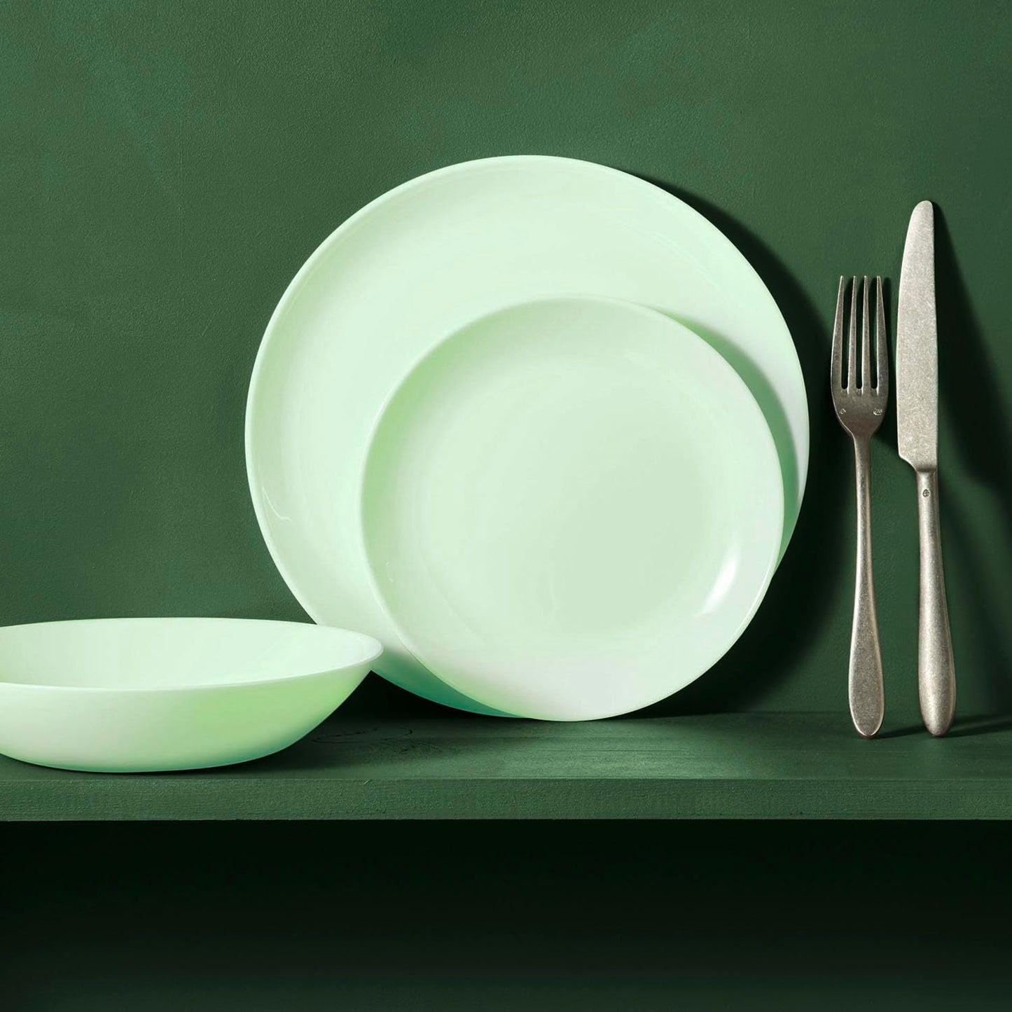 Service de table en verre opale, vert, 12 pièces, pour 4 personnes