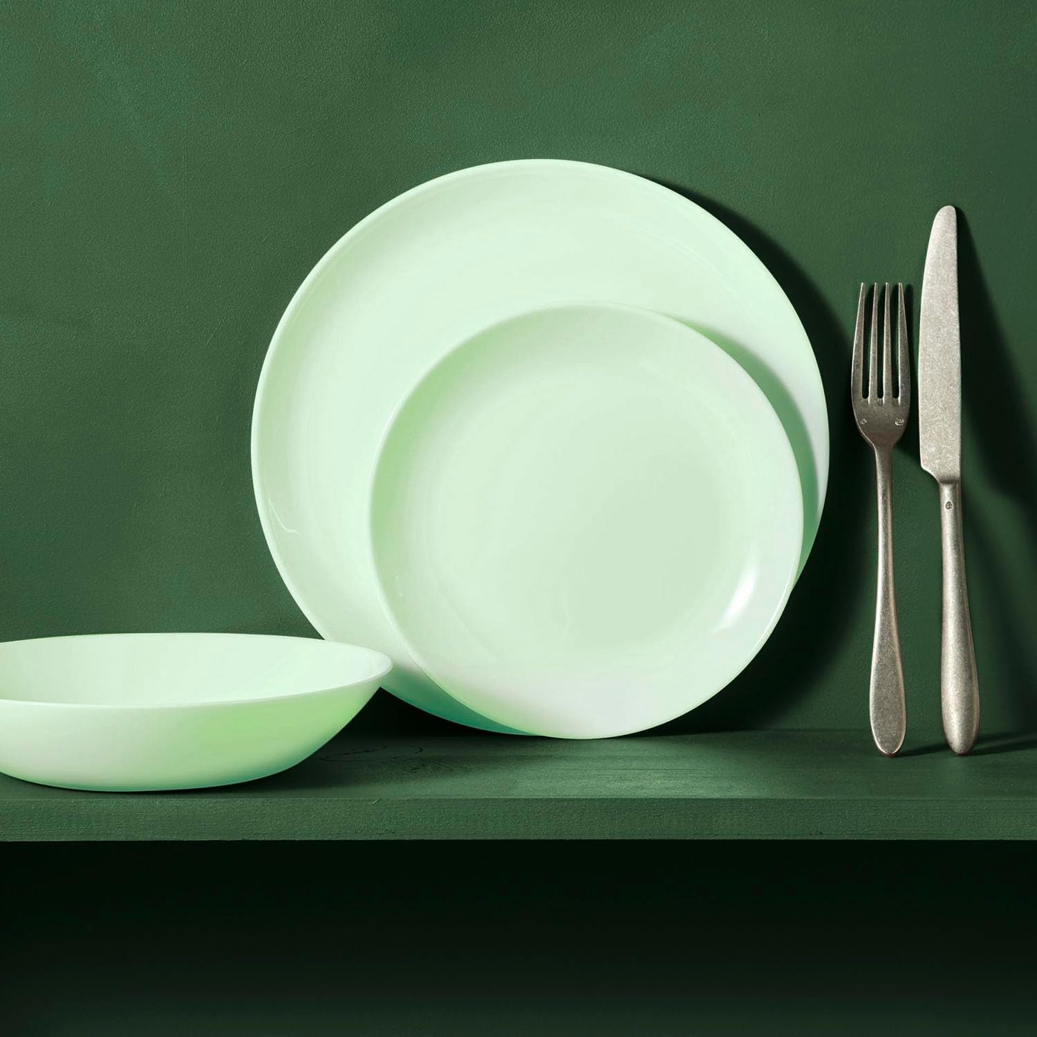 Service de table en verre opale, vert, 12 pièces, pour 4 personnes