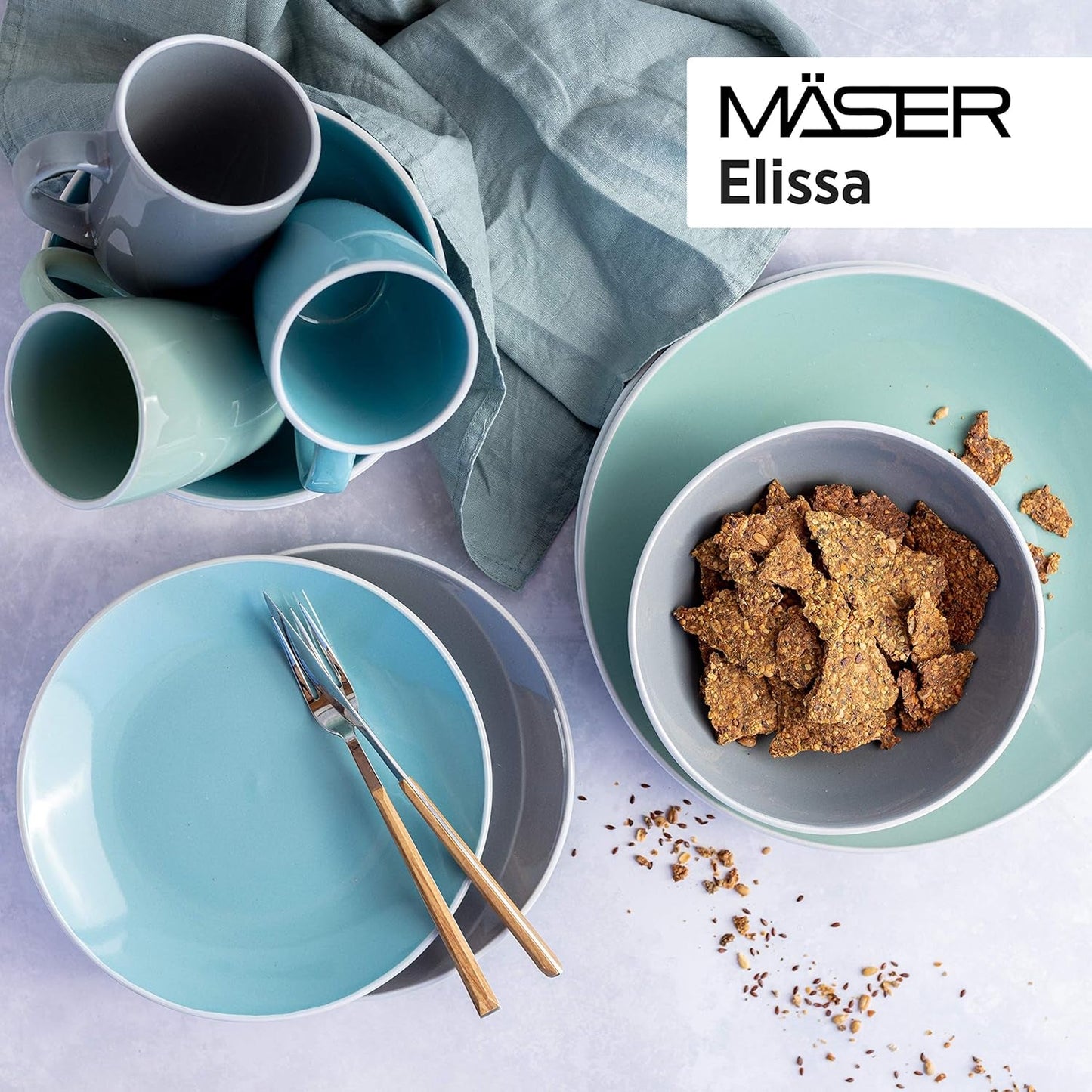 MÄSER 931844 Elissa - Service de table moderne pour 6 personnes, bleu avec bord blanc, ensemble combiné de 24 pièces, céramique