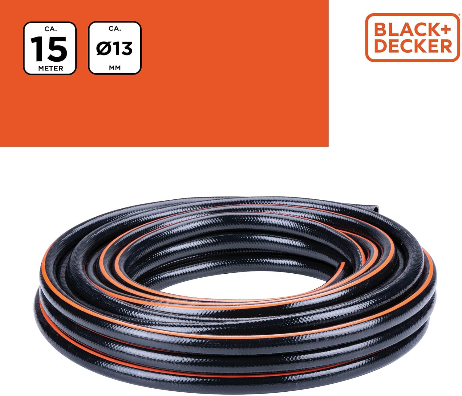 Tuyau d'arrosage BLACK+DECKER 15 mètres - Ø13MM - PVC résistant - Arrosage du jardin, lavage de la voiture, remplissage de la piscine - Compatible avec tout robinet standard - Noir/Orange