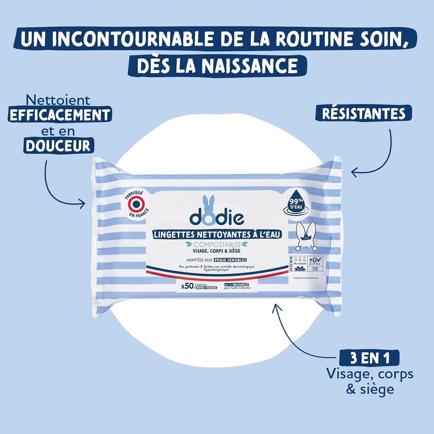 Paquet de 8 paquets de lingettes nettoyantes compostables à l'eau, 50 unités