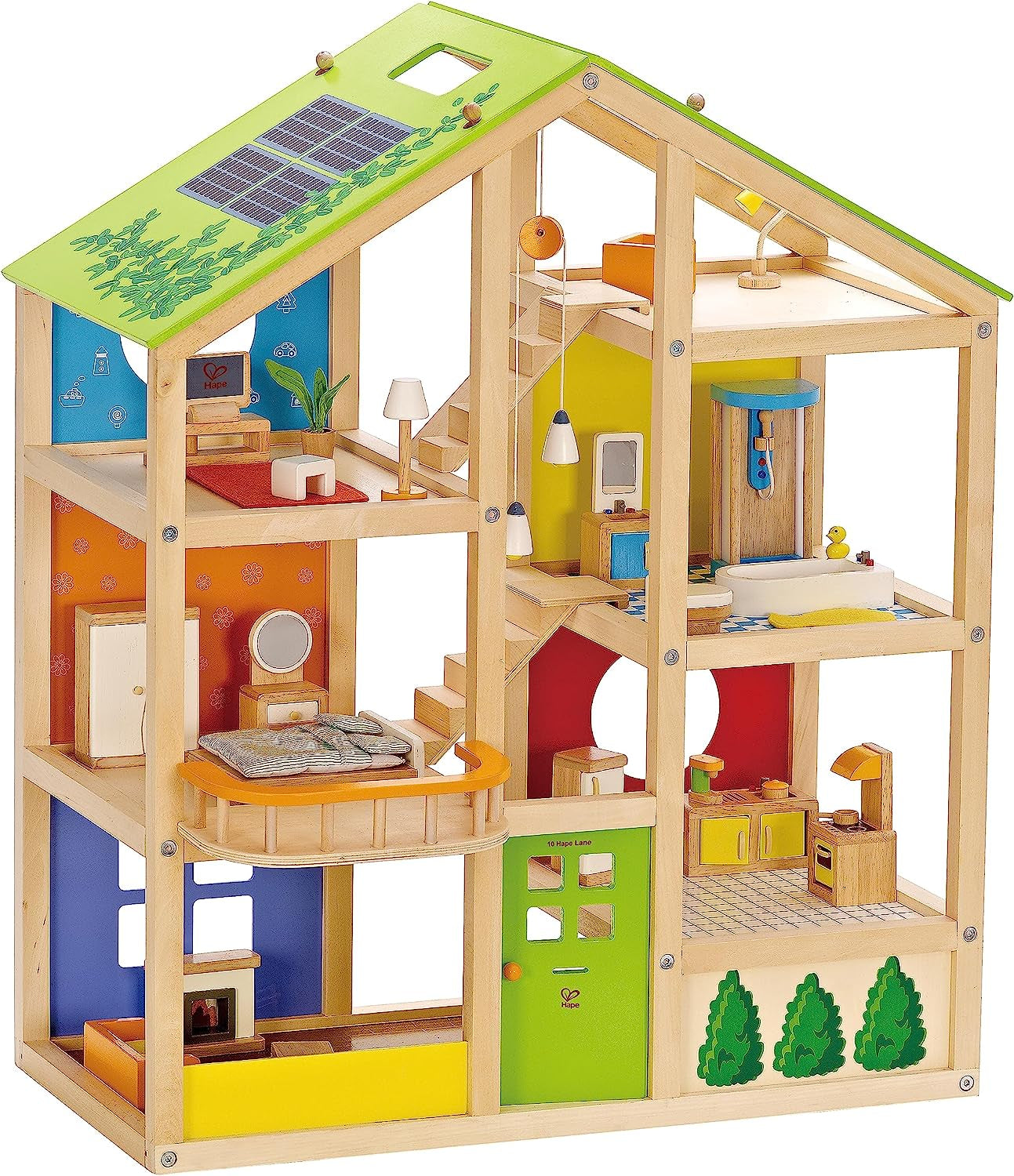 Hape Four Seasons Dollhouse - maison de poupée en bois primée à trois étages avec meubles, accessoires, escaliers coulissants et toit réversible pour toutes les saisons, pour les enfants de 3 ans et plus