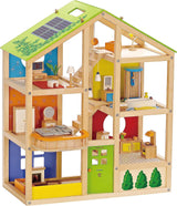 Hape Four Seasons Dollhouse - maison de poupée en bois primée à trois étages avec meubles, accessoires, escaliers coulissants et toit réversible pour toutes les saisons, pour les enfants de 3 ans et plus