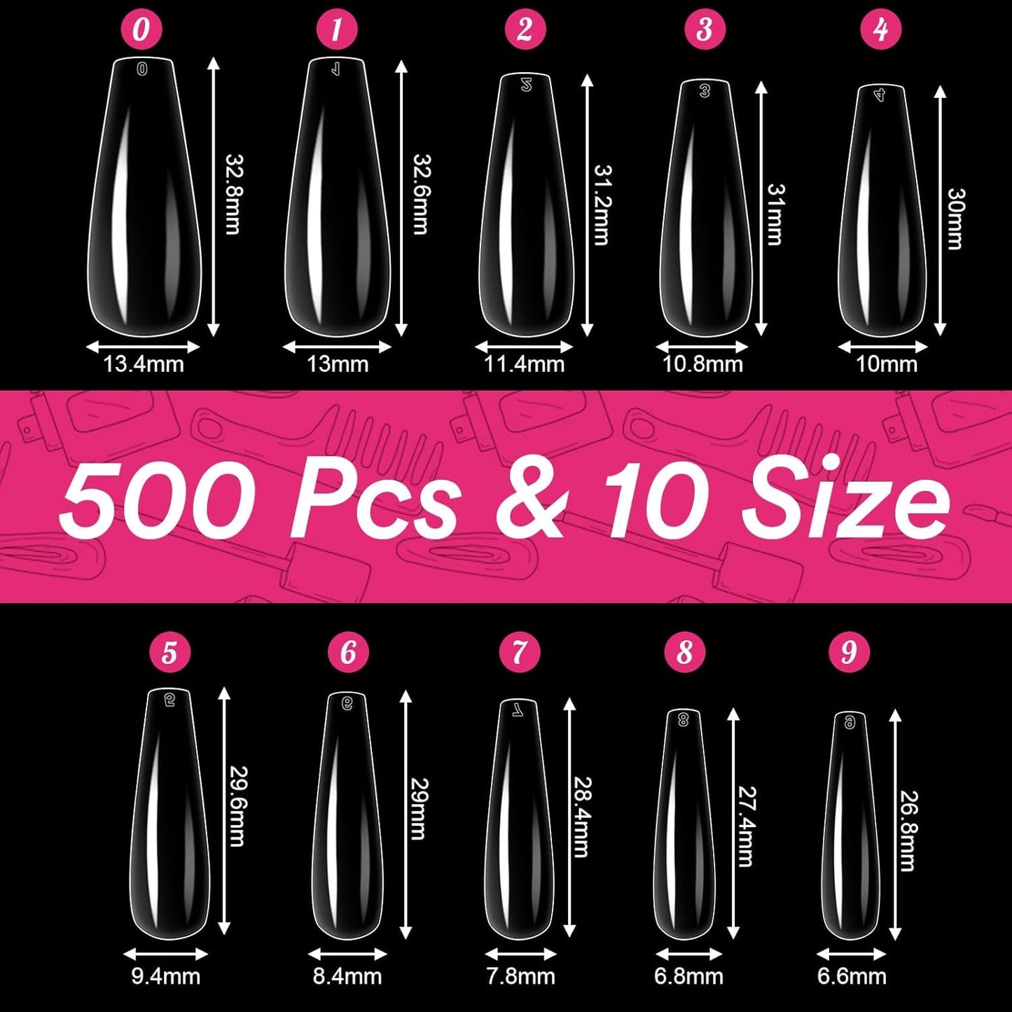 Alyvisun Lot de 500 faux ongles en acrylique à couverture complète avec 240 autocollants pour ongles, 10 tailles de pointes d'ongles en gel transparent, pointes d'ongles en gel souple, pointes d'ongles ballerine