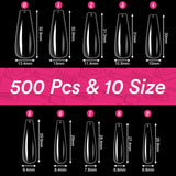 Alyvisun Lot de 500 faux ongles en acrylique à couverture complète avec 240 autocollants pour ongles, 10 tailles de pointes d'ongles en gel transparent, pointes d'ongles en gel souple, pointes d'ongles ballerine