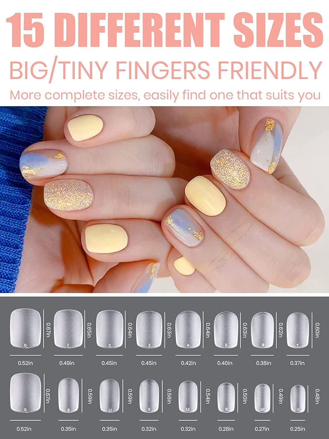 EBANKU 420 pièces de pointes d'ongles carrées courtes, pointes mates à couverture complète, pointes en gel souple, pointes d'ongles en gel transparent pré-polis, pointes d'extension d'ongles artificiels, 15 tailles (carré court)