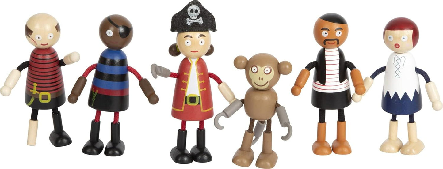 Poupées pirates en bois flexibles Small Foot, 5 pirates et 1 singe, détaillées et flexibles, à partir de 3 ans, 12412