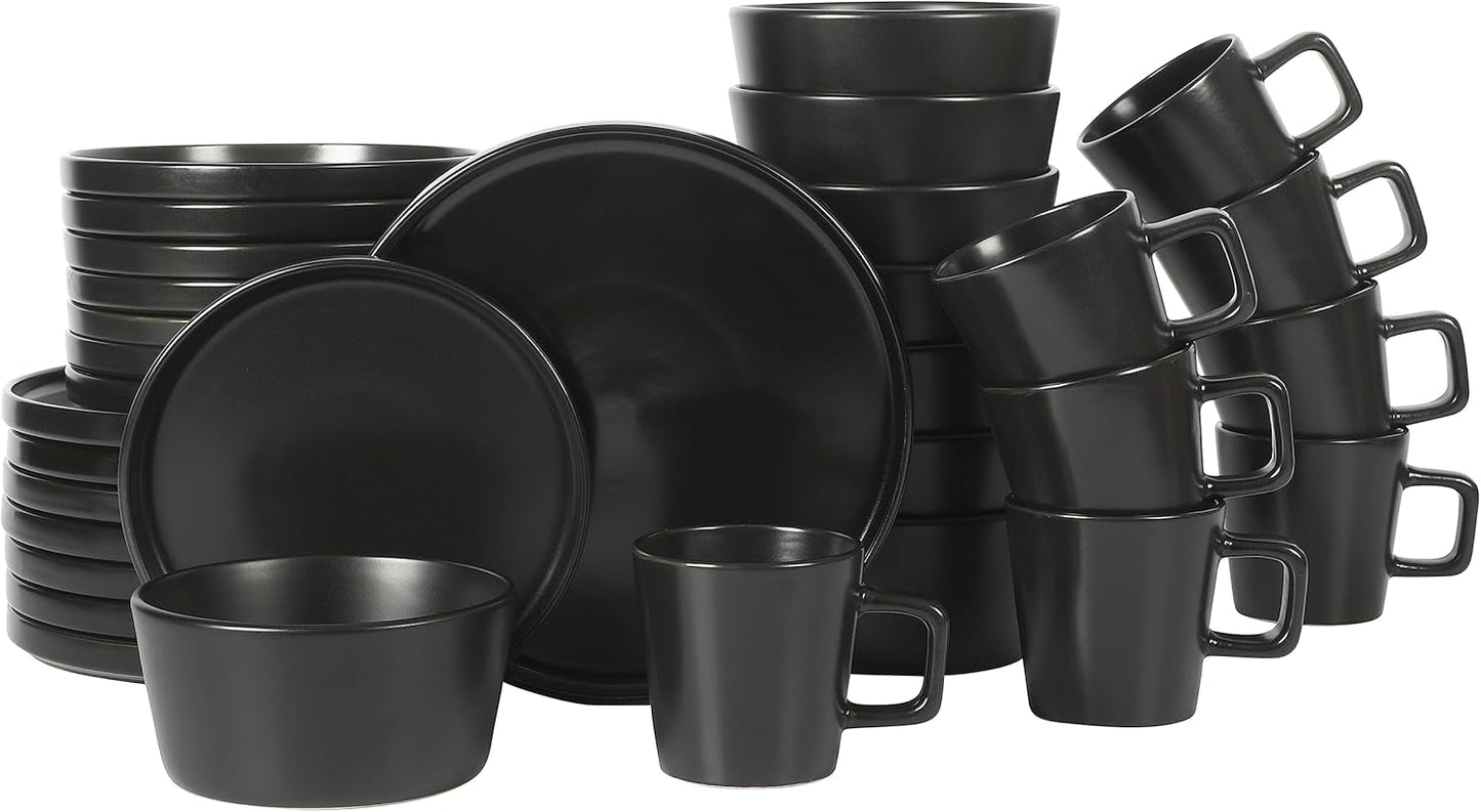 Service de table Bowery, 32 pièces, noir mat, grès, assiettes, bols et tasses, pour 8 personnes