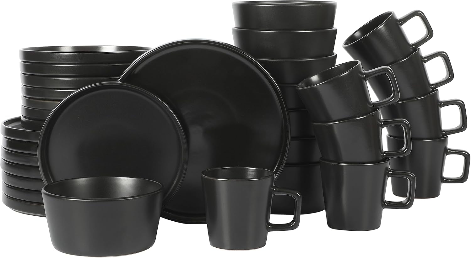 Service de table Bowery, 32 pièces, noir mat, grès, assiettes, bols et tasses, pour 8 personnes