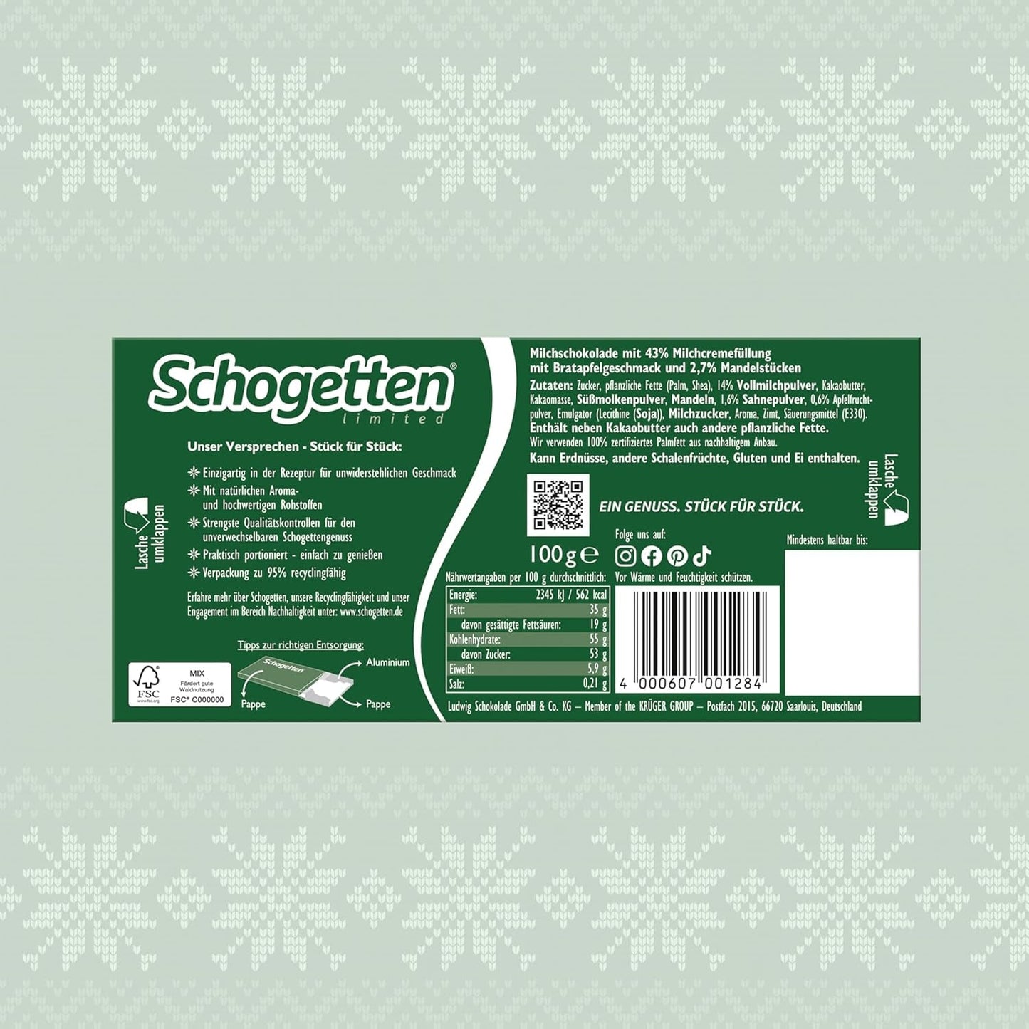 Schogetten Édition hiver aux pommes mûres I Barre de chocolat 100g I au chocolat au lait et en morceaux individuels pratiques