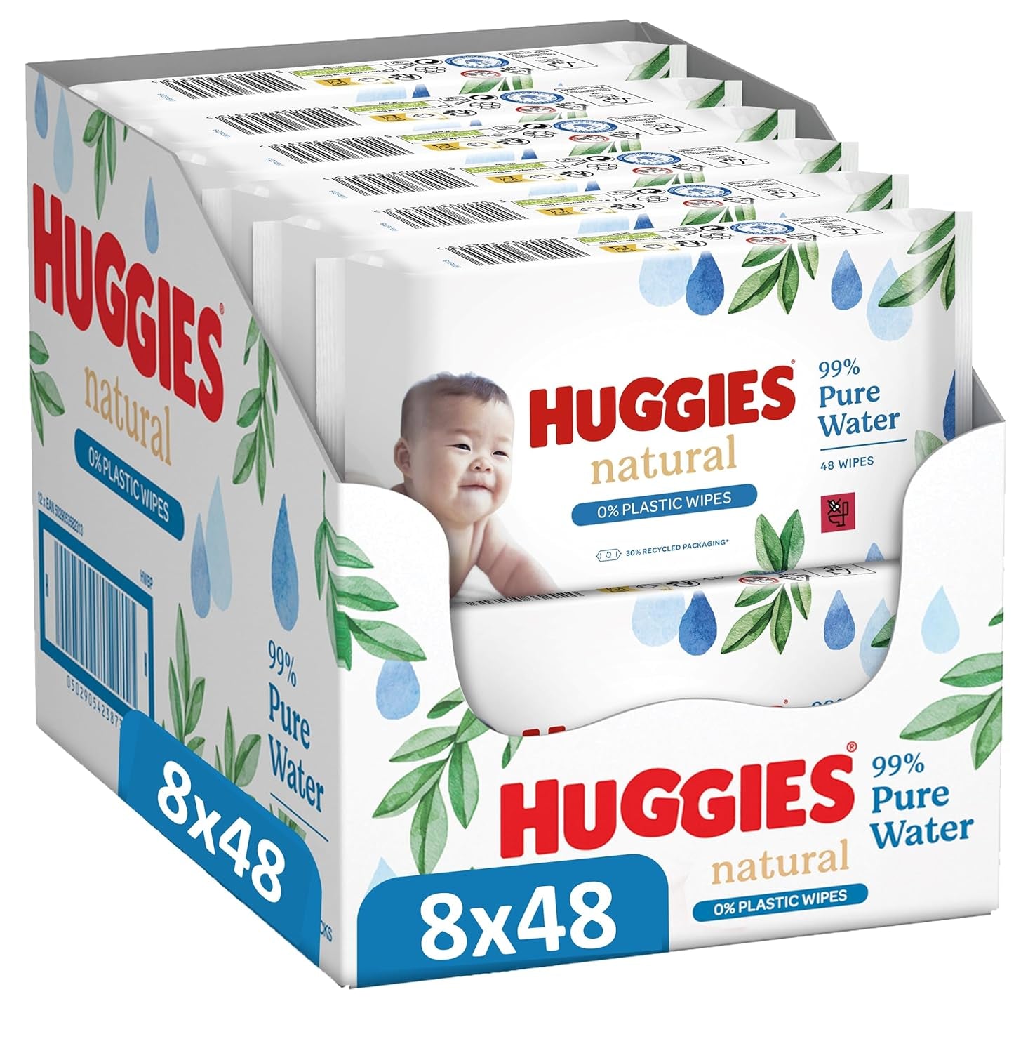Lingettes humides naturelles biodégradables Huggies pour bébés sensibles, 8 x 48 lingettes, paquet en vrac