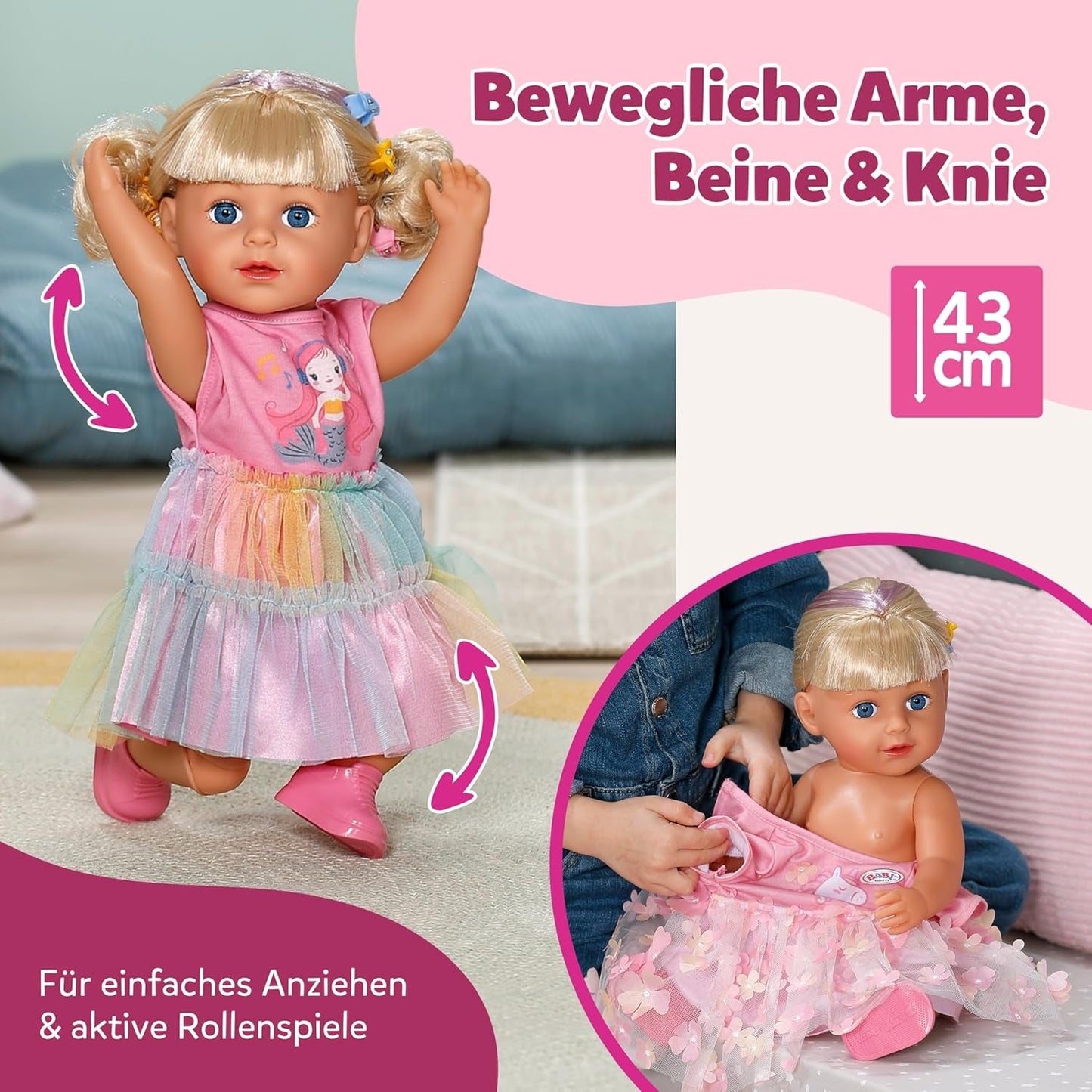 BABY born Carla - poupée de 43 cm - cheveux blonds de haute qualité avec mèches - pas besoin de piles - convient aux enfants à partir de 4 ans - comprend 7 accessoires, rose