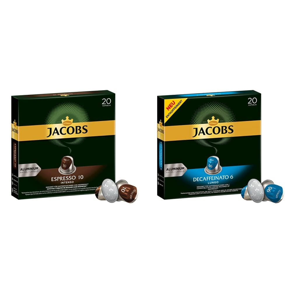 Capsules de café Espresso Intenso, intensité 10 sur 12, 10 x 20 tasses & Capsules de café Lungo Decaffeinato - intensité 6- 200 capsules compatibles Nespresso, 10er Pack, 10 x 20 tasses