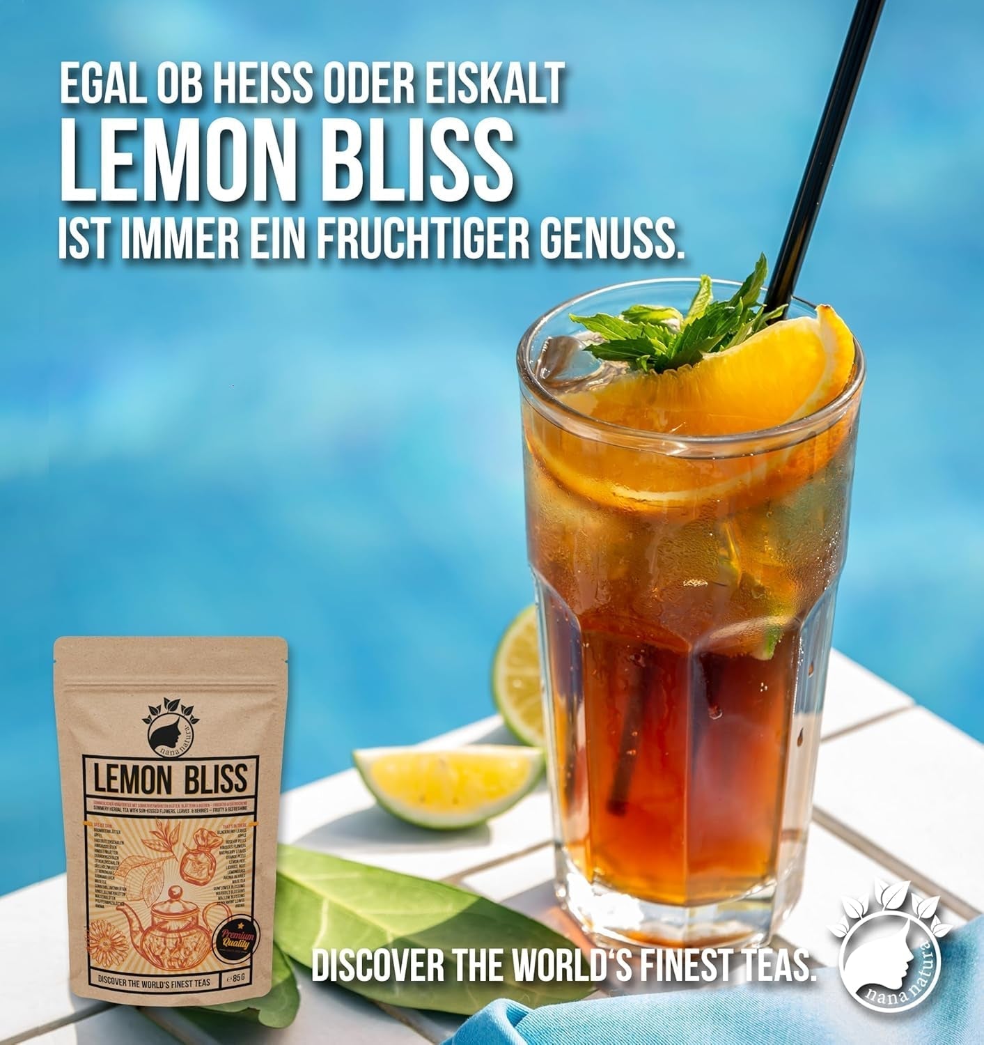 THÉ BLISS AU CITRON Original de Nananatura'S 85G | Tisane d'été fruitée et rafraîchissante | Comme thé froid, thé glacé ou chaud classique | Avec des fleurs, des feuilles et des baies mûries au soleil | Pas de sucre