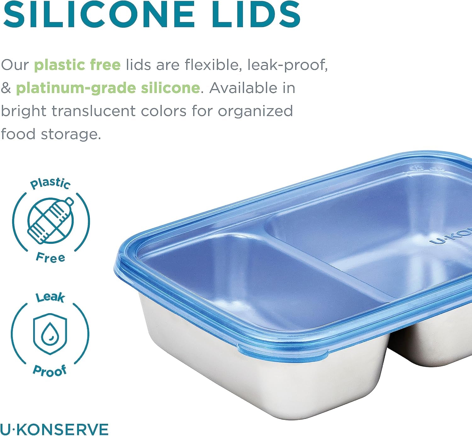 U Konserve - Récipient alimentaire rectangulaire divisé en acier inoxydable avec couvercle en silicone - Bleu sarcelle - Boîtes de conservation des aliments de 28 oz / 825 ml Naty Shop