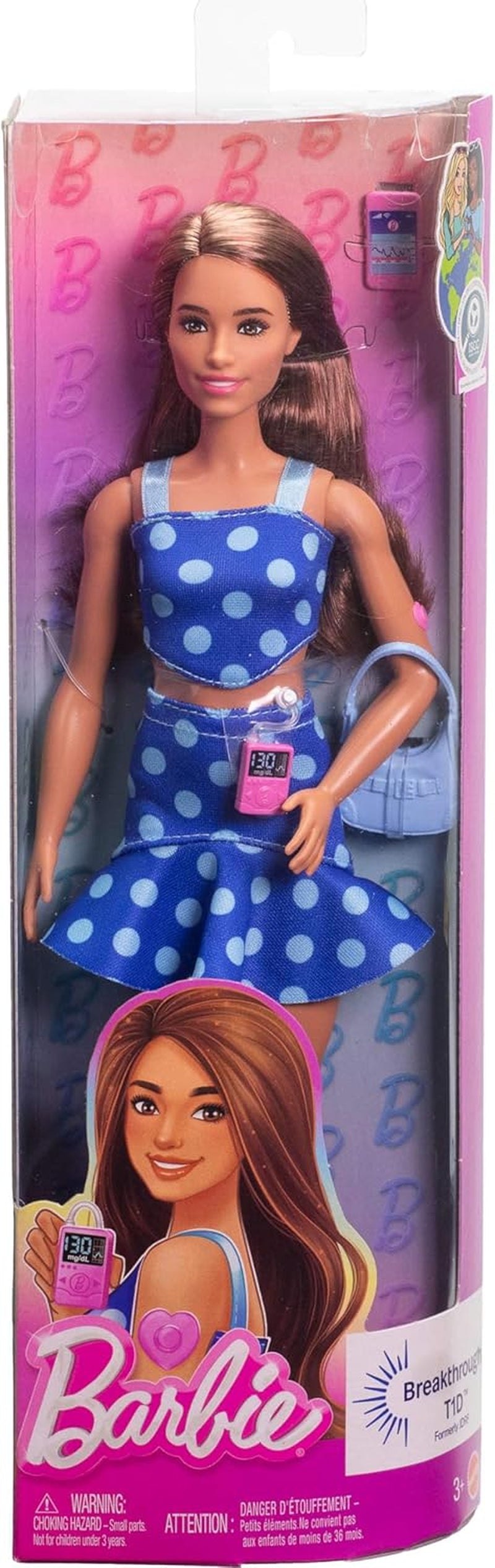 Poupée Barbie Fashionistas #242 avec tenue et accessoires pour diabète de type 1 et à pois en collaboration avec Breakthrough T1D, HYT97