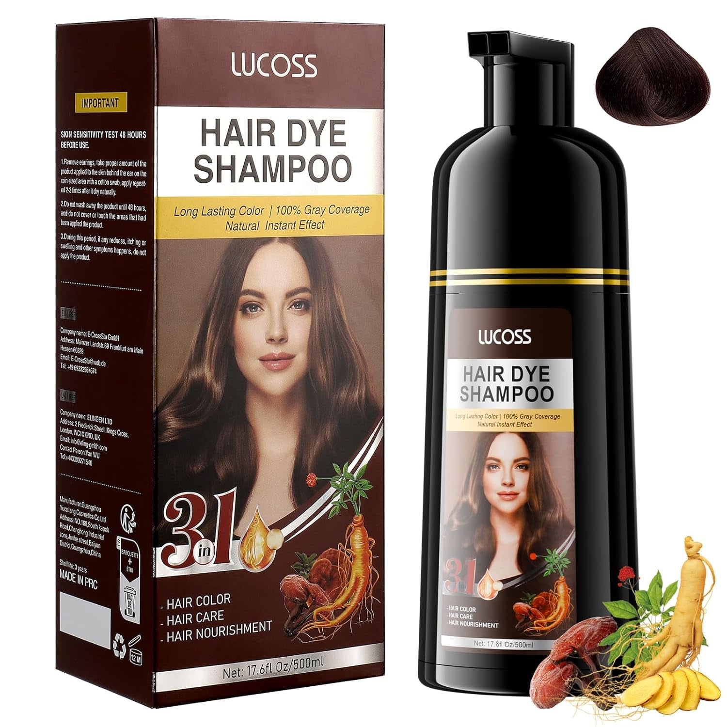 Shampoing instantané pour cheveux noirs, shampoing pour coloration naturelle, couverture 100 % des cheveux gris - facile et rapide, coloration semi-permanente pour cheveux noirs, shampoing pour coloration de cheveux pour hommes et femmes Naty Shop Coloration de cheveux châtain foncé