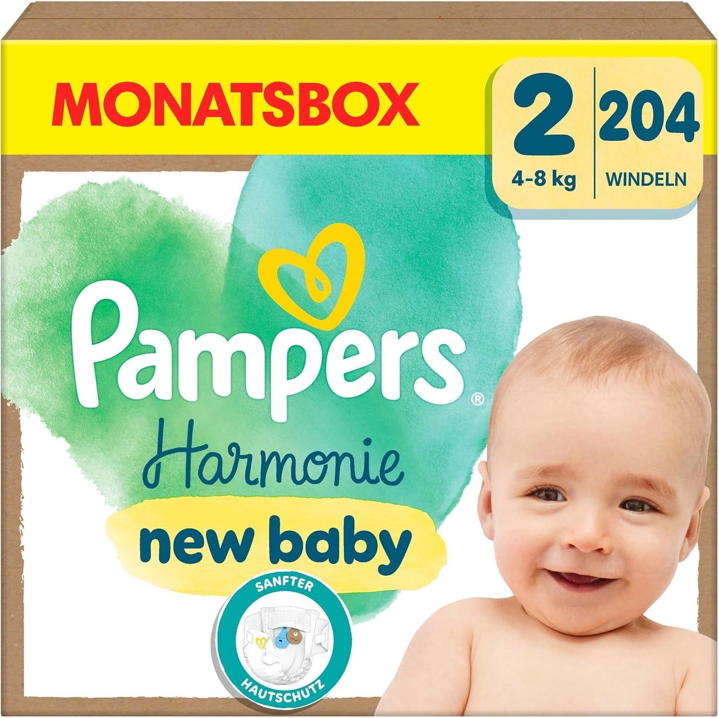 Couches Pampers Harmony taille 2, 204 couches, 4kg-8kg, protection douce de la peau avec protection 100% Pampers