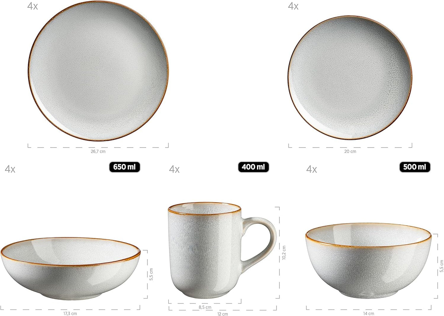 MÄSER Mabella, Service de table vintage pour 4 personnes, service combiné de 20 pièces avec vernis réactif raffiné et fine bordure marron, Grès, Gris-Beige
