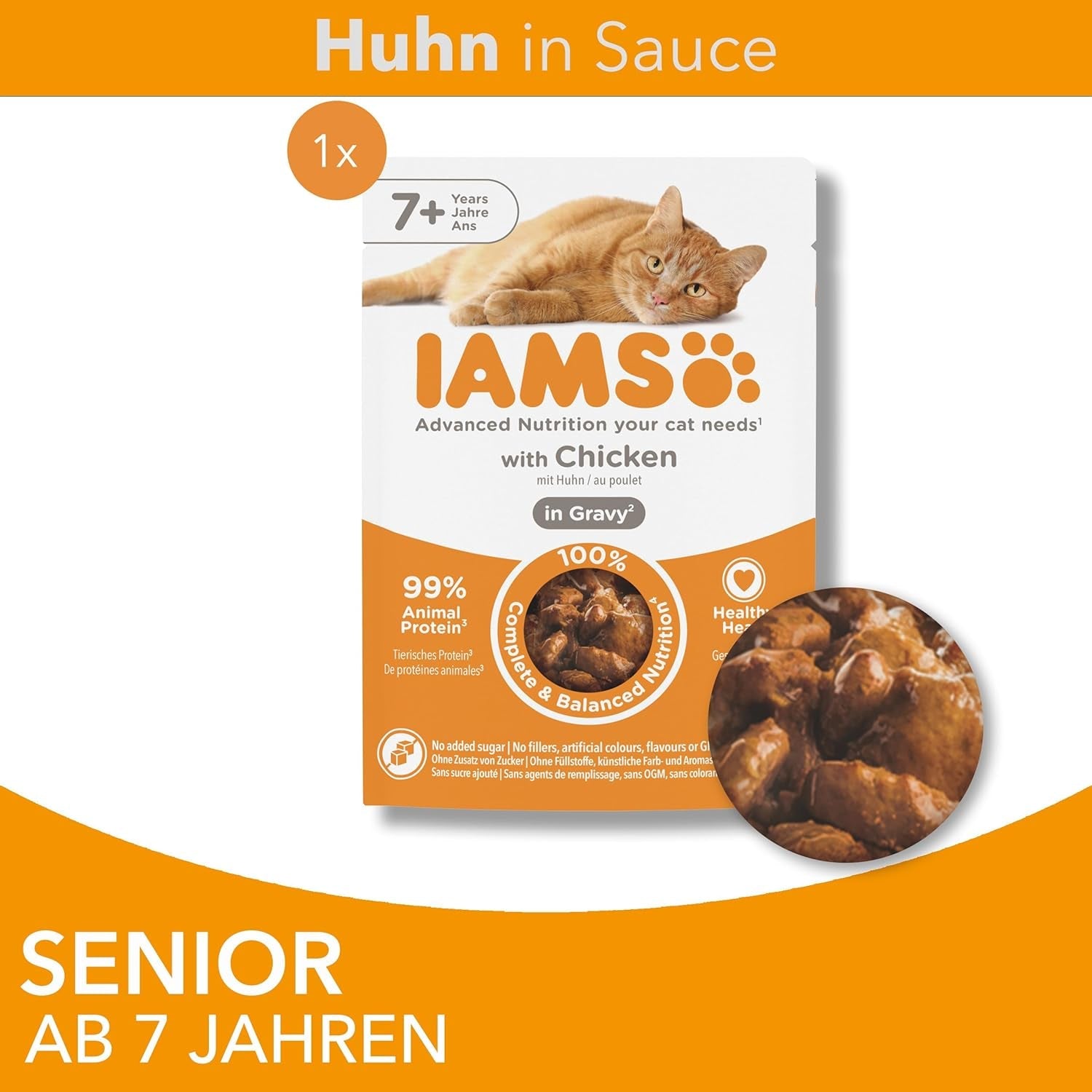 IAMS Delights Nourriture humide pour chat au poulet en sauce pour chats seniors de 7 ans et plus - Format essai, sachet individuel, 1 x 85 g