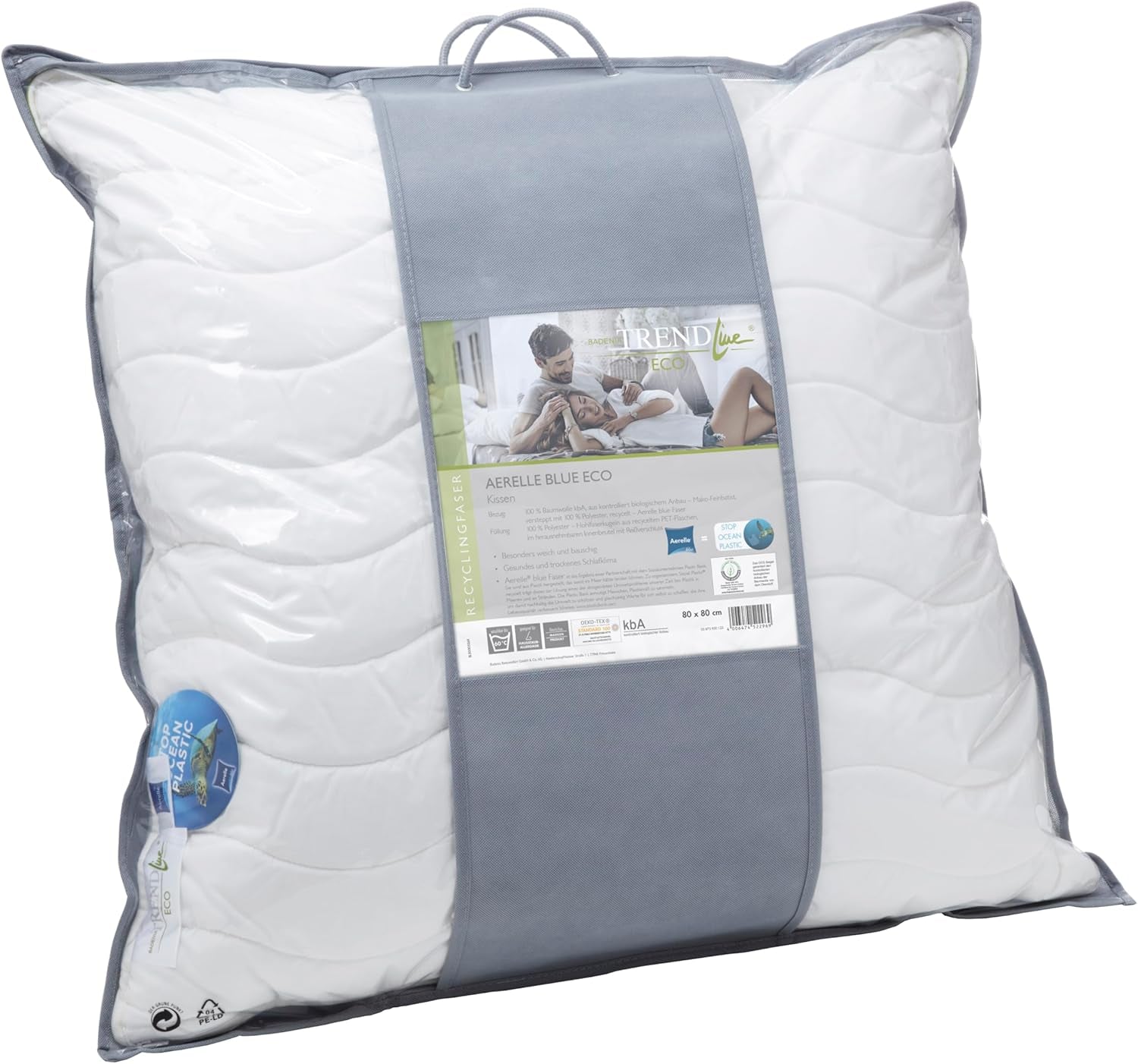 Oreiller Badenia Trendline Eco Aerelle Bleu 80 X 80 Cm, blanc, certifié Oeko-Tex, produit selon la norme de qualité allemande Oreillers standard Naty Shop