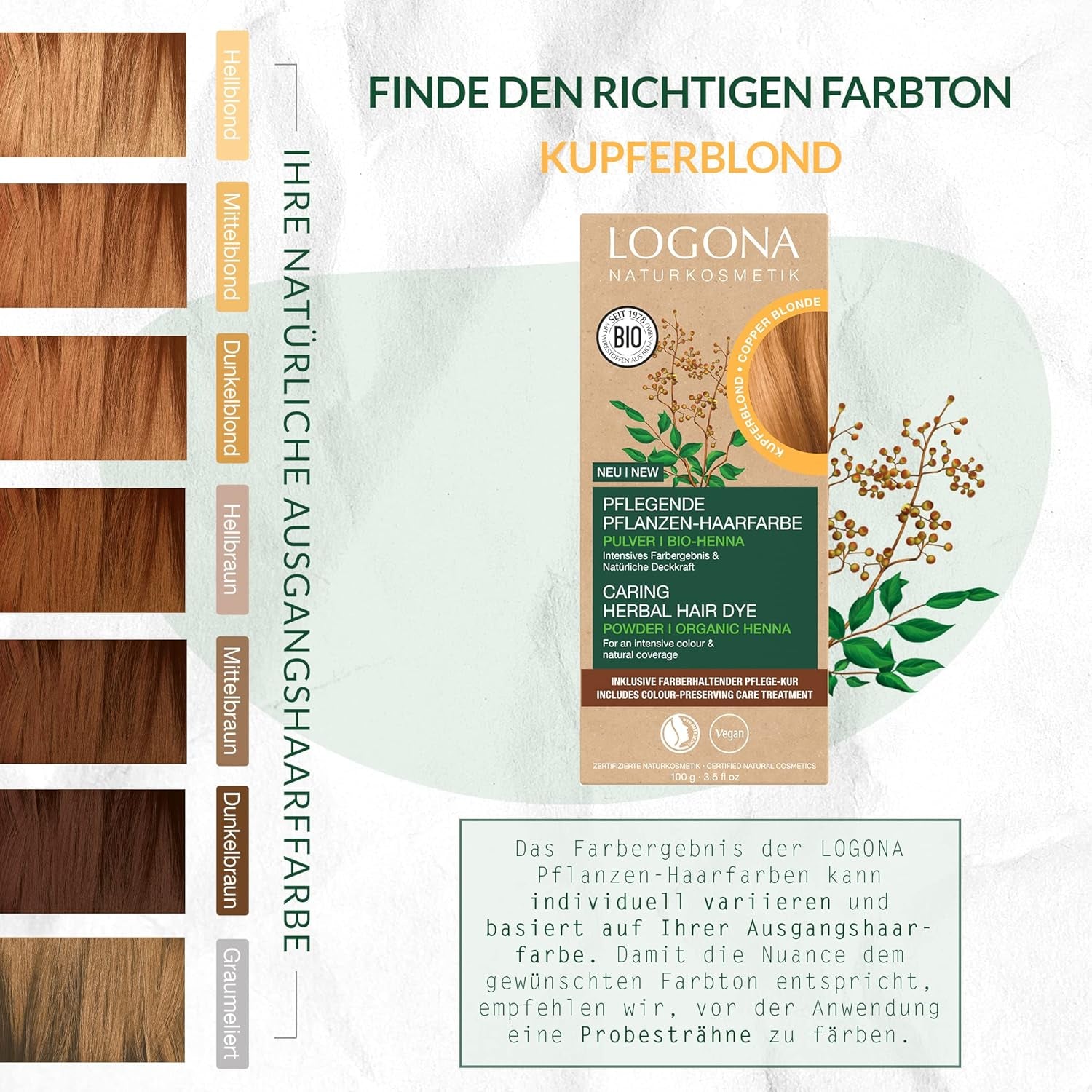 LOGONA Natural Cosmetics Teinture capillaire nourrissante à base de plantes, teinture capillaire végétalienne en poudre de henné biologique pour une couleur et une brillance intenses, teinture capillaire à base de plantes en blond cuivré (blond), 1 x 100 g de teinture capillaire Naty Shop