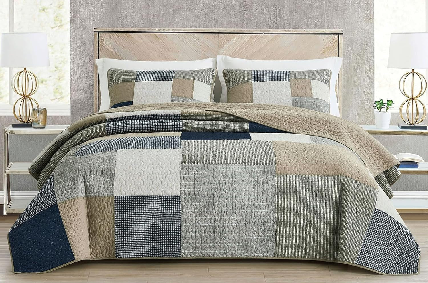 Chezmoi Collection Ensemble de courtepointe Addy Patchwork en coton prélavé léger réversible toutes saisons surdimensionné 3 pièces bleu marine blanc gris taupe courtepointes et courtepointes à carreaux Naty Shop