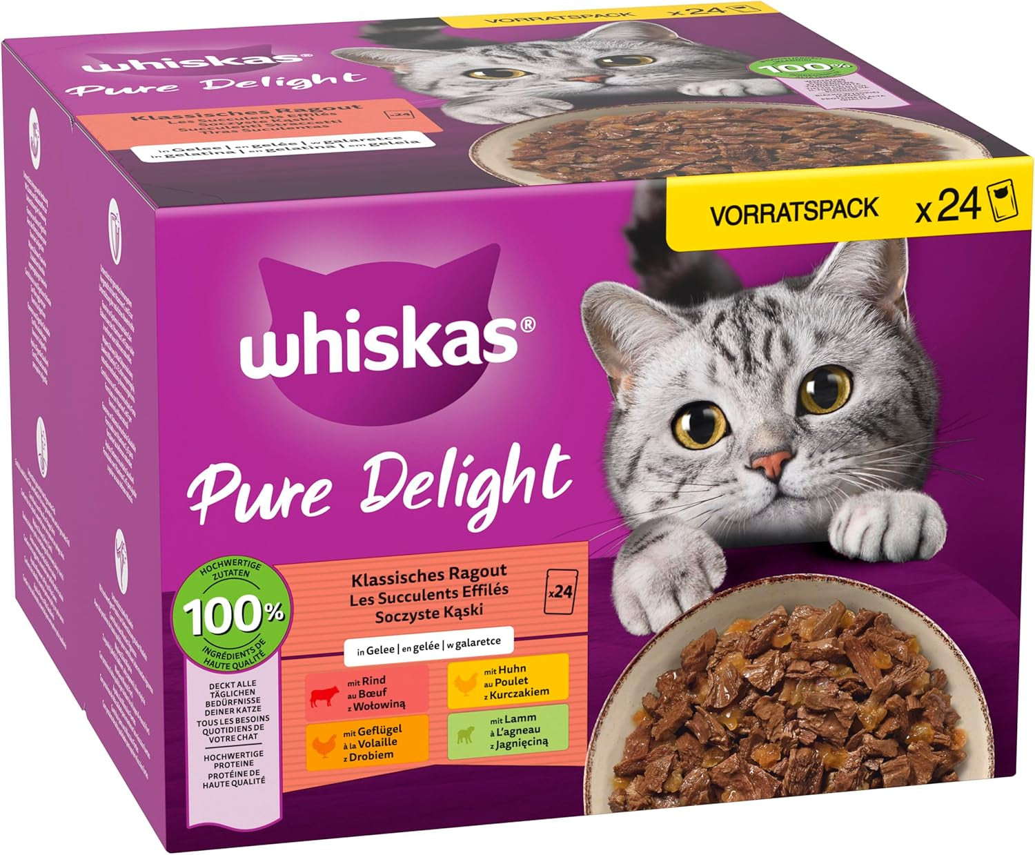 WHISKAS PURE DELIGHT Aliment humide en gelée 24 x 85g Ragoût Classique (4 paquets) 48 sachets portionnés