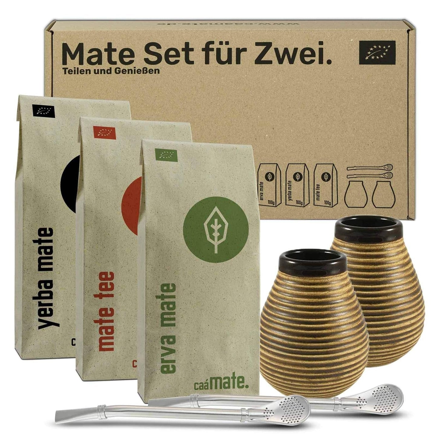 Service à thé maté pour deux, bio ● 2 tasses à maté + 2 bombillas + 300 g de thé maté + notice de préparation