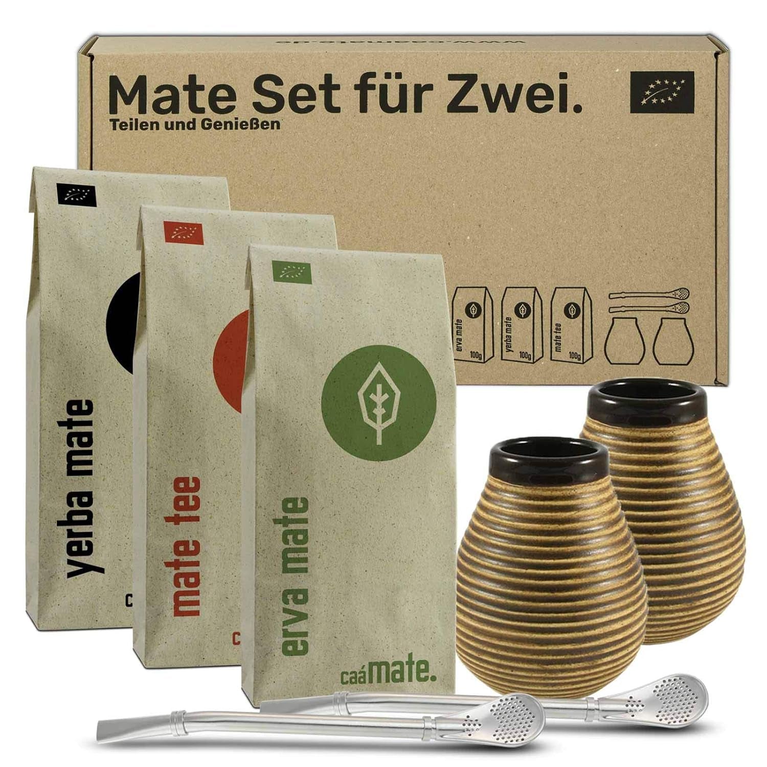Service à thé maté pour deux, bio ● 2 tasses à maté + 2 bombillas + 300 g de thé maté + notice de préparation