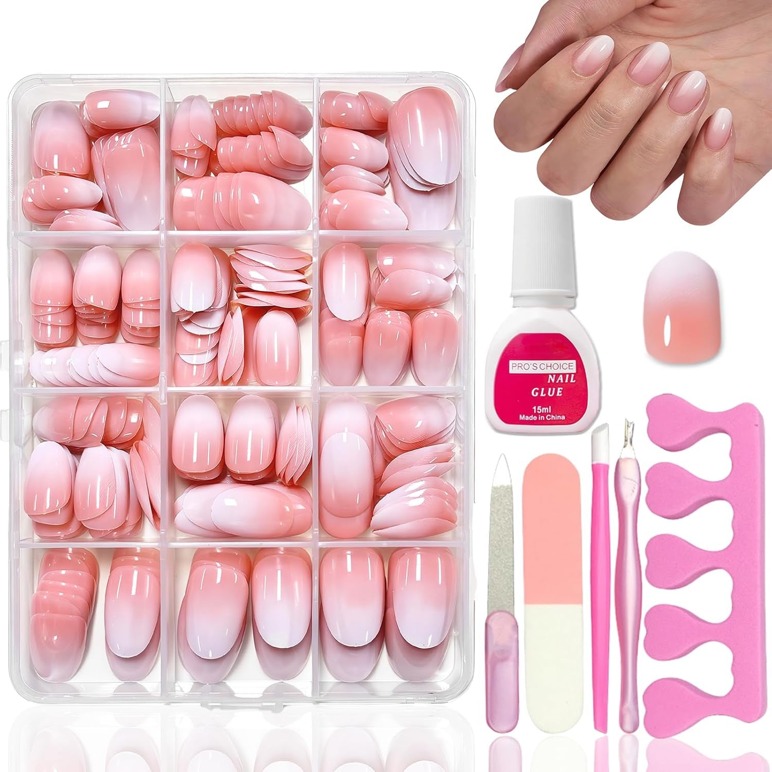 Kit de faux ongles 360 pièces – Faux ongles courts nus, rose, blanc, dégradé – Carré à coller sur faux ongles – Couverture complète, brillants, autocollants pour femmes et filles (carré)