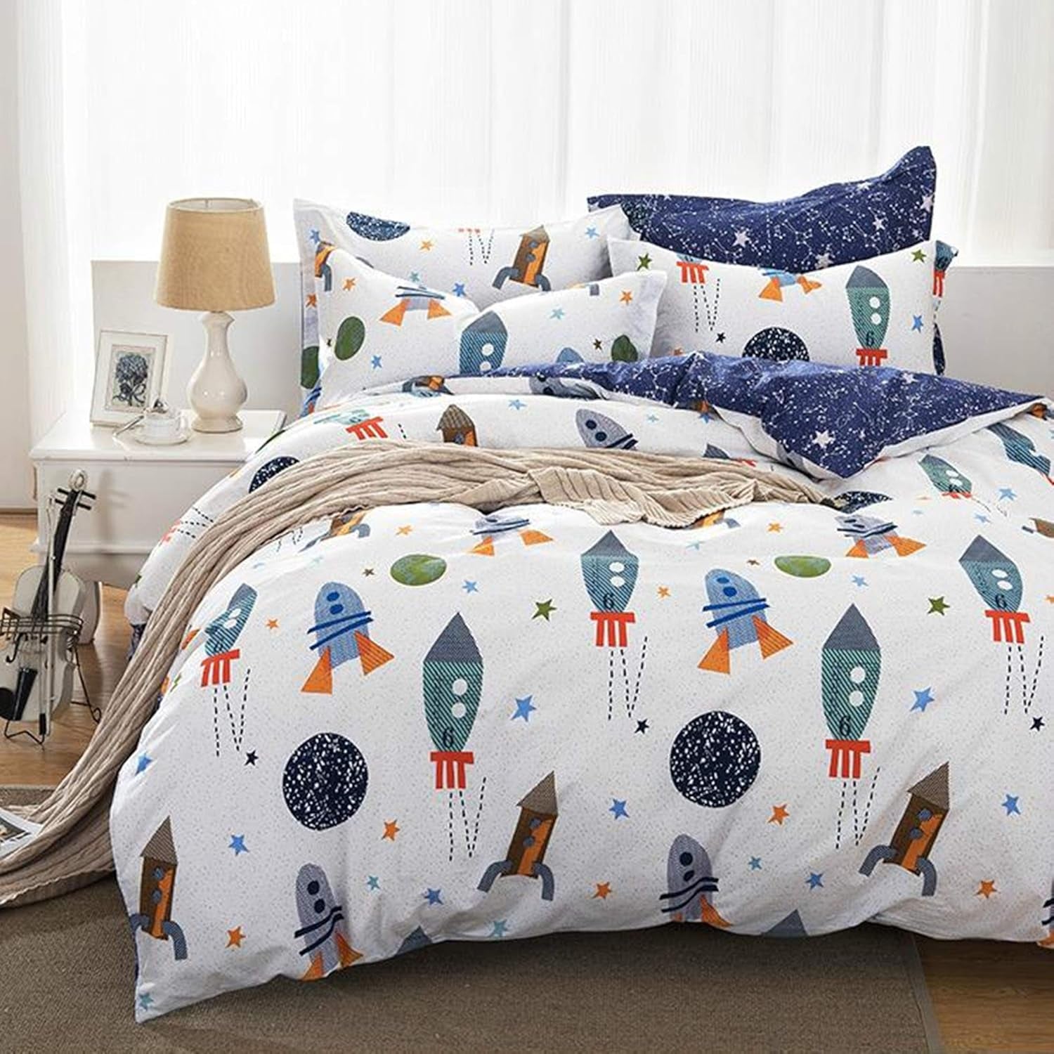 Literie enfant, fusées et planètes, design réversible, literie en coton - enfants Naty Shop 155X220Cm + 50X75Cm