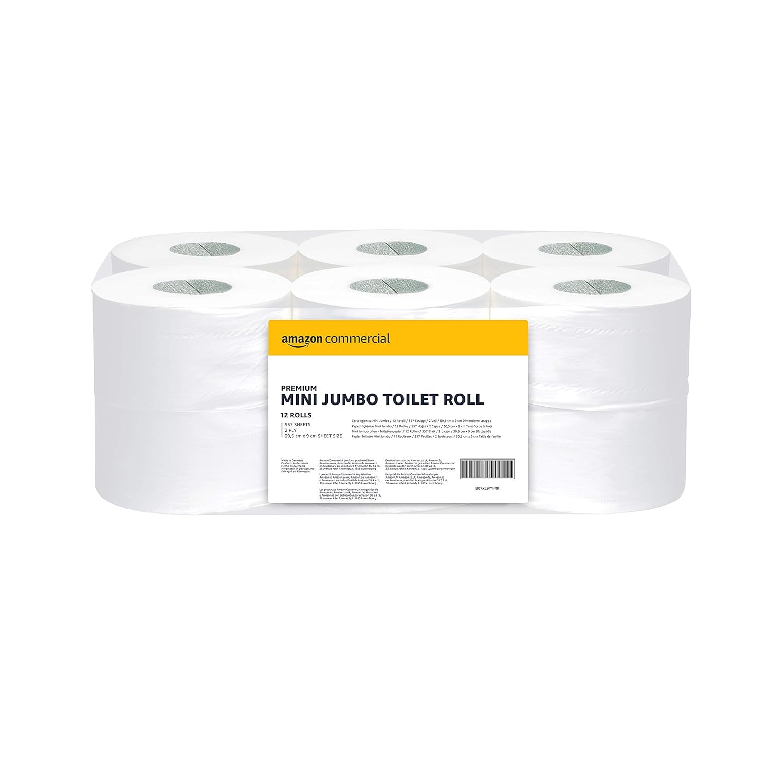 Amazoncommercial Papier toilette Mini Jumbo, non parfumé, 2 épaisseurs, 6684 pièces, 1 paquet de 12 rouleaux, 557 feuilles par rouleau, format feuille : 30,5 x 9 cm, blanc, compatible avec les distributeurs T2