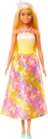 Poupée Barbie Royale avec cheveux fantaisie avec mèches colorées, accessoires colorés, haut jaune dégradé et jupe papillon, HRR09 Naty Shop Dolls