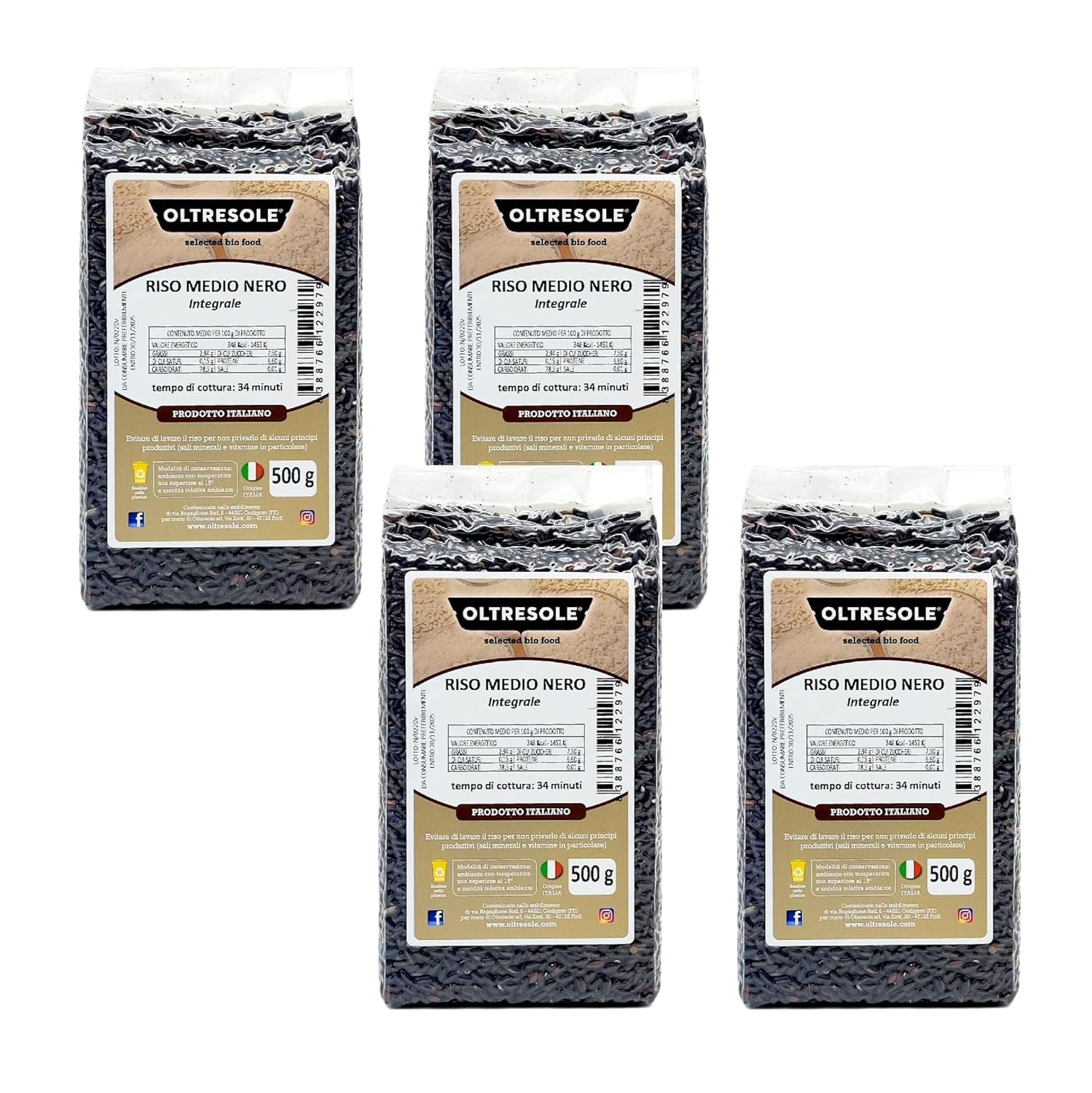 Riz italien à grains entiers, riz non raffiné à haute teneur en fibres, idéal pour les salades de riz créatives et les plats sains, emballé sous vide, 4 paquets x 500 g