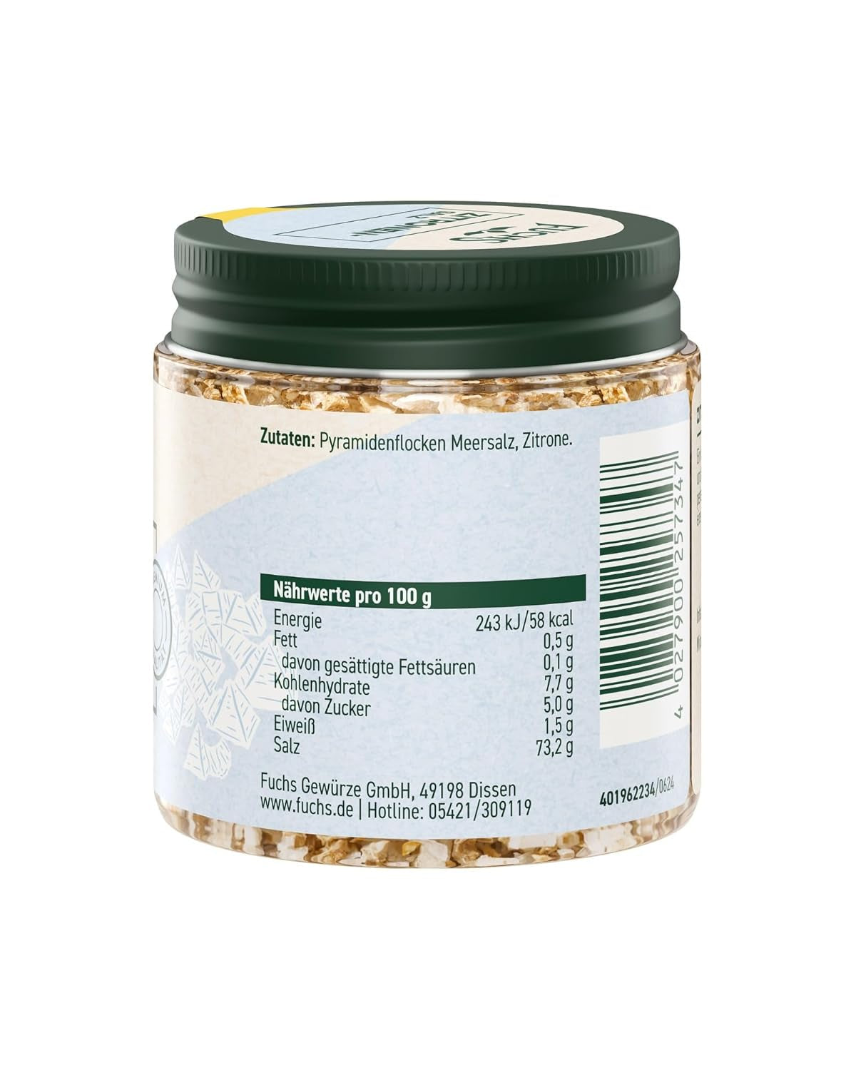 Fuchs Gewürze - Citronensalz | Garniture avec flocons de pyramide et Zitrone | Crunchy Préparation pour Poissons et Gemmes | Sel de citron de qualité supérieure | 60 g dans du wiederverschließbaren Gewürzglas