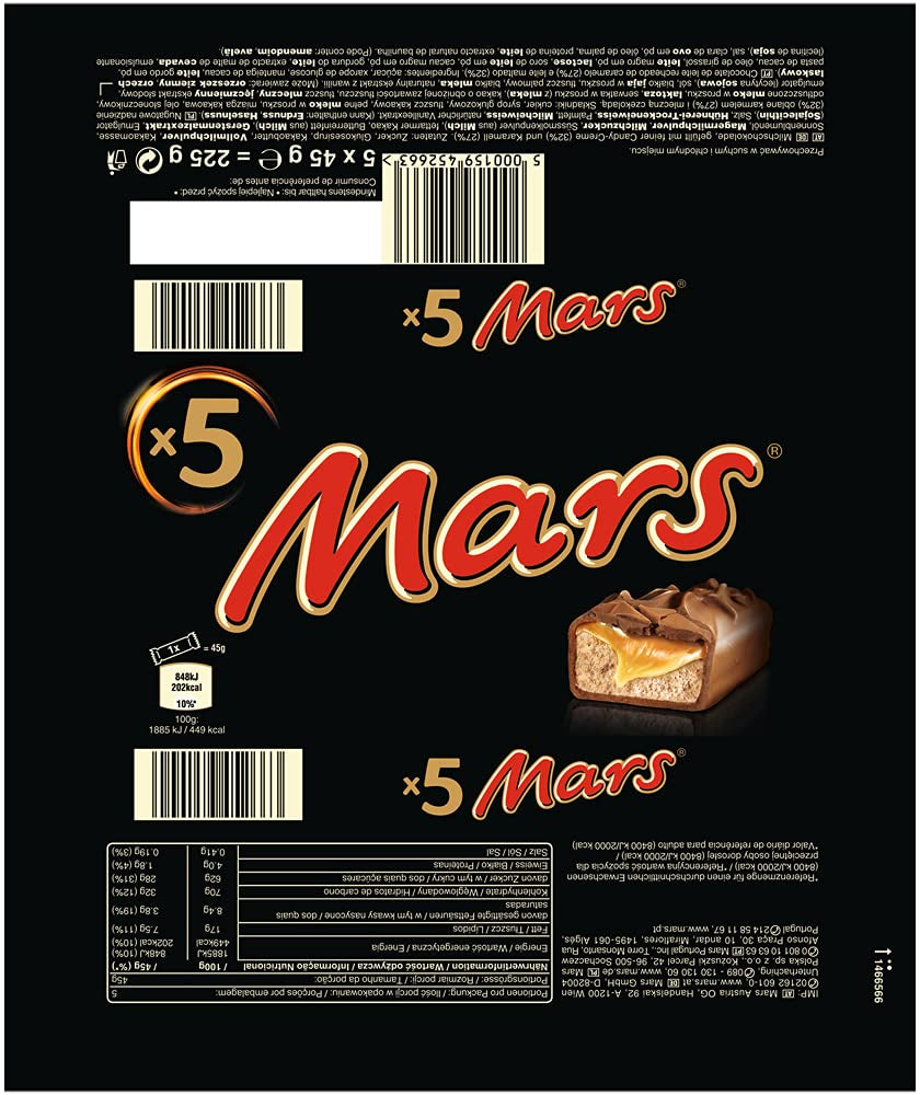 Barres de chocolat Mars Chocolat caramel 1 paquet de 5 barres (1 x 225 g) (paquet de 2)