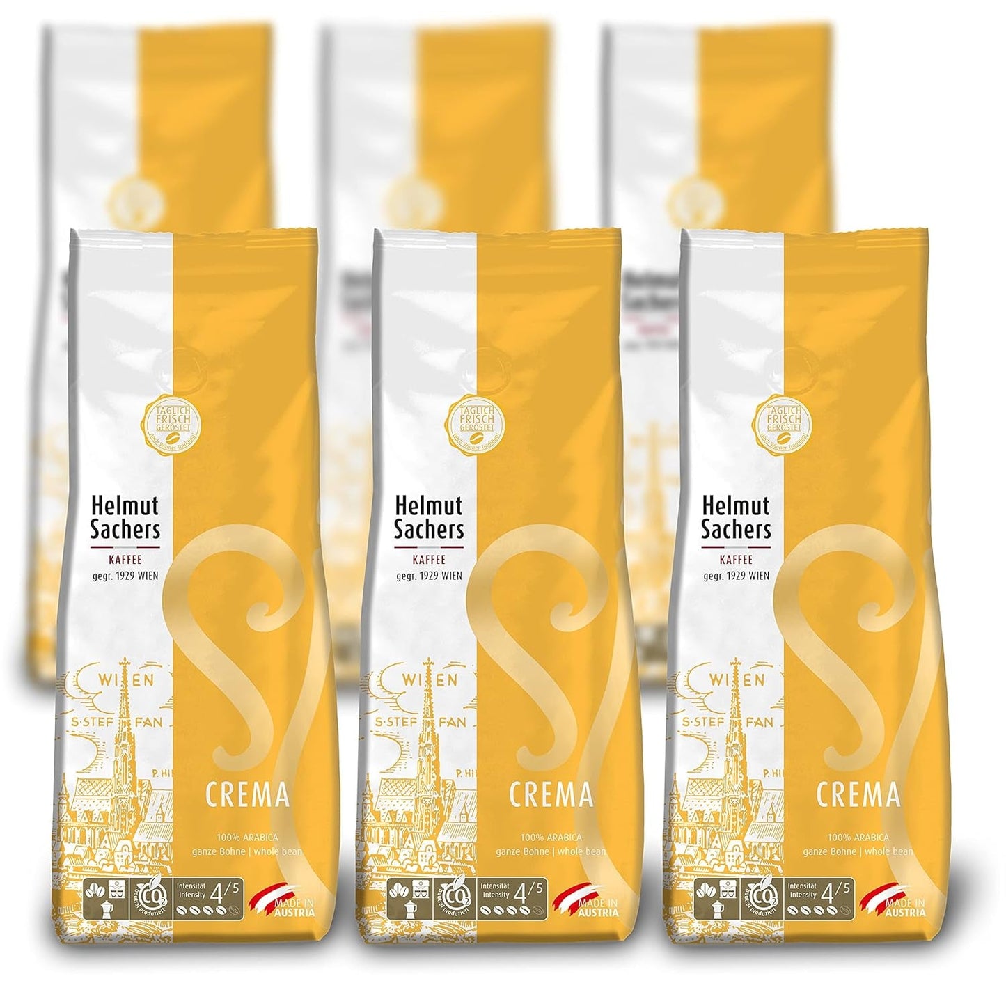 Café Helmut Sachers - Crème, Force 4/5, 100% Arabica, grains de café entiers, 6 x 500g