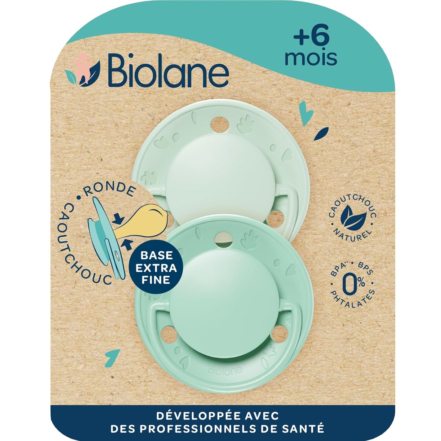 BIOLANE - Tétine ronde - Sucette extra fine - 6+ mois - Bicolore vert - Tétine en caoutchouc naturel - Pour le développement buccal - Douce et confortable