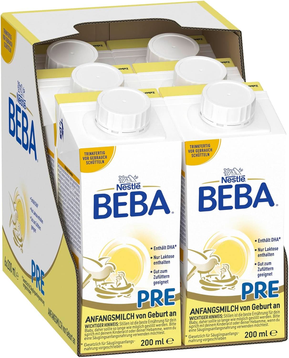 BEBA PRE Lait initial dès la naissance, aliment pour bébé avec DHA, uniquement lactose, sans huile de palme, pack 3 (3 x 800 g) Naty Shop PRE, set 6 x 200 ml 6 x 200 ml