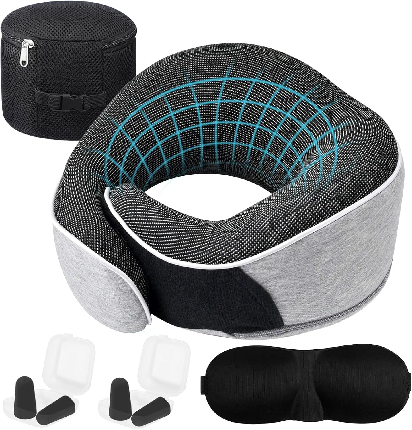 Oreiller cervical Oreiller de voyage en mousse à mémoire de forme Design ergonomique Oreiller cervical en mousse à mémoire de forme avec masque pour les yeux 2 bouchons d'oreille et sac de rangement Parfait pour dormir sur la route en voyage Naty Shop Oreillers orthopédiques cervicaux Titre par défaut