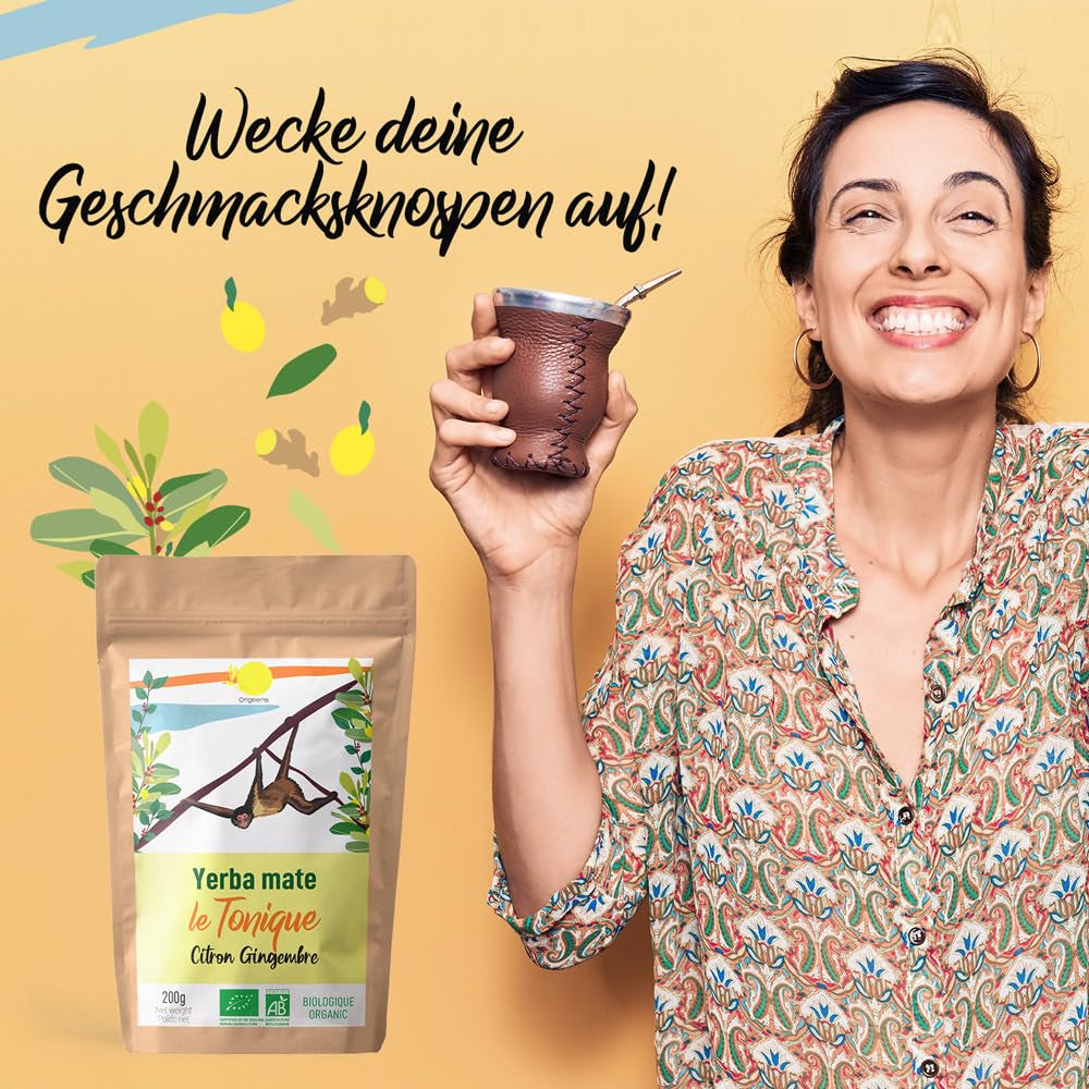 ORIGEENS BIO YERBA MATE AU CITRON ET GINGEMBRE 200 G - Le thé énergisant I Thé Yerba Mate Bio, non torréfié, feuilles, sans tiges ni poussières