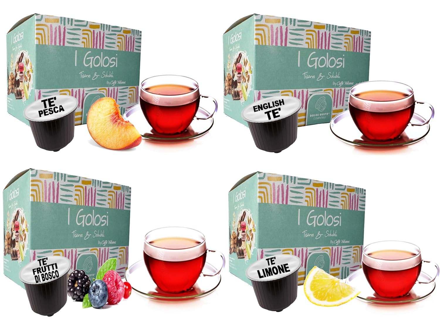 Caffè Vulcanus - Mélange de thé 60 capsules, saveur : thé anglais, thé à la pêche, thé au citron et thé aux baies - capsules compatibles avec Nescafé Dolce Gusto