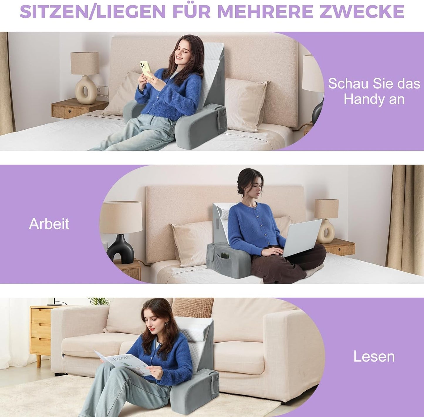 Grand oreiller de lecture avec barre de poignée, mousse haute densité, oreiller ergonomique pour le dos, accoudoirs, support de cou et appui-tête, coussin de siège inclinable pour dormir, jouer, regarder la télévision, pour lit et canapé