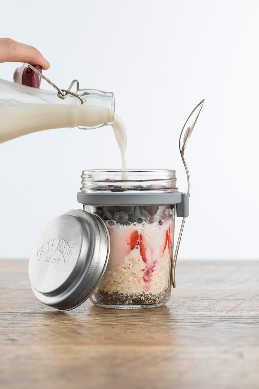 Pot de petit-déjeuner Kilner avec cuillère / 350 ml, Ø 9,5 cm / 5 pièces | tasse de muesli à emporter / non toxique / récipient en verre avec couvercle pour muesli, porridge et yaourt / contenant d'avoine pour la nuit Naty Shop Boîtes de conservation des aliments