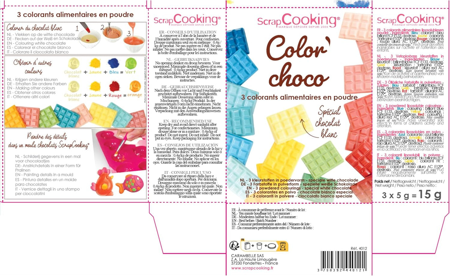 Peinture en poudre soluble dans l'huile de cuisson 4012, rouge, bleu et jaune, poids 15 g, 3 pièces colorées