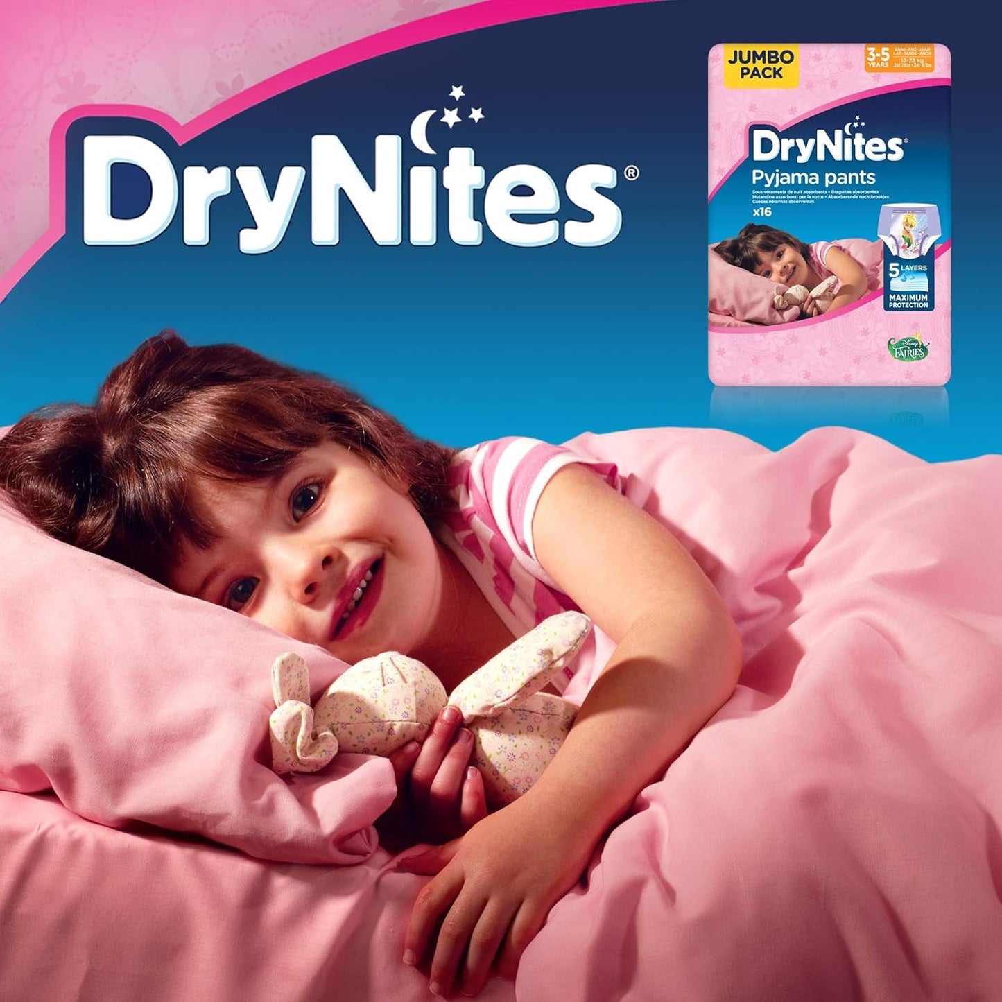 Pantalon de pyjama DryNites pour filles de 3 à 5 ans, 1 paquet (1 x 16 pièces)