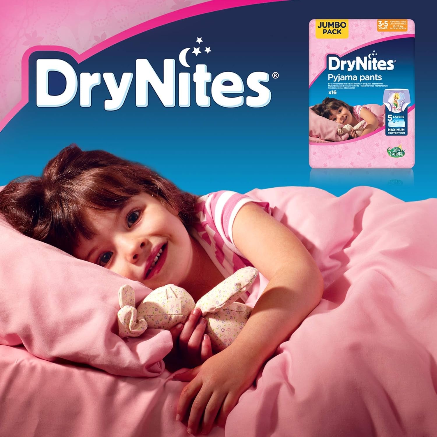 Pantalon de pyjama DryNites pour filles de 3 à 5 ans, 1 paquet (1 x 16 pièces)