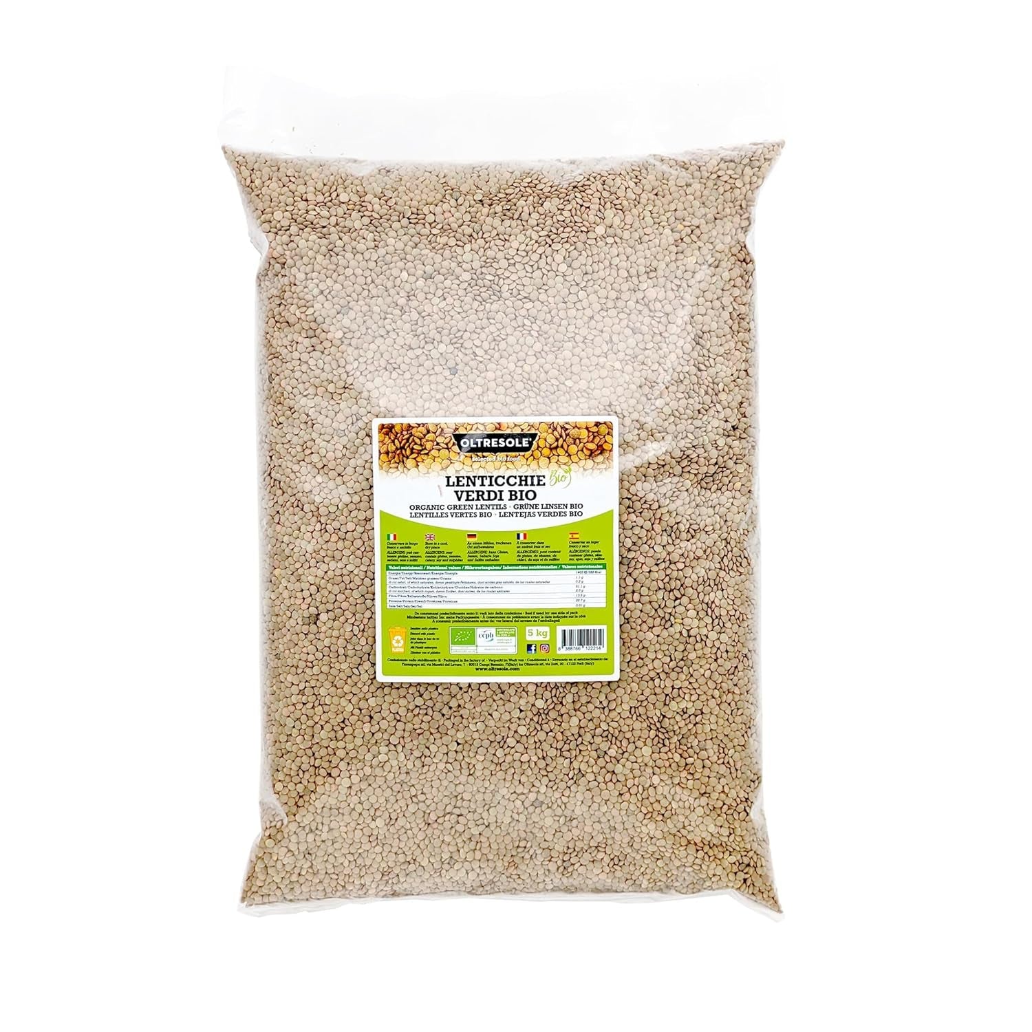 Lentilles vertes biologiques 5 kg, légumineuses entières biologiques, source de protéines et de fibres, riches en fibres et minéraux, emballage économique